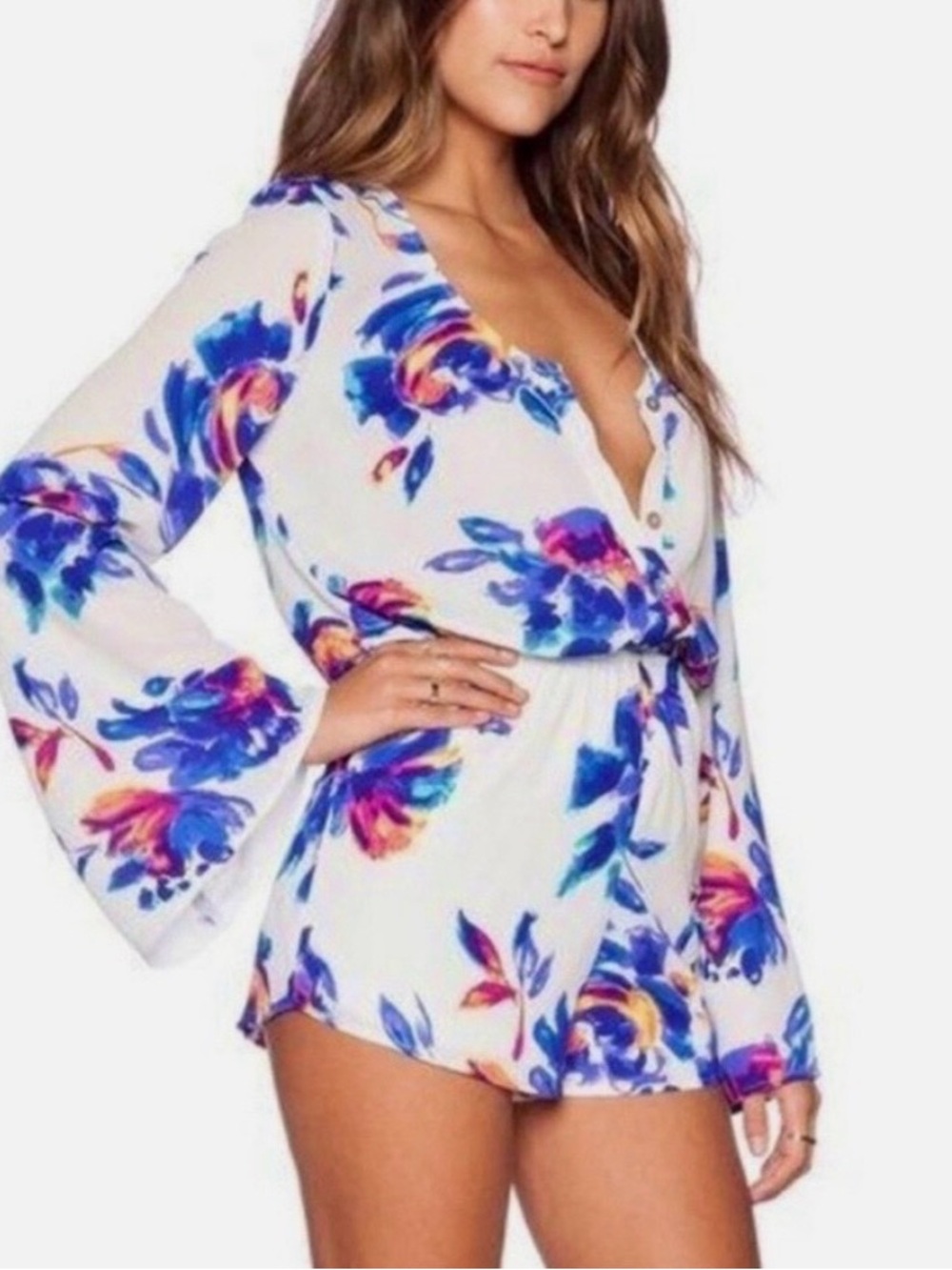 Show Me Your Mumu White Floral Button Romper Bell Long Sleeves Size Small